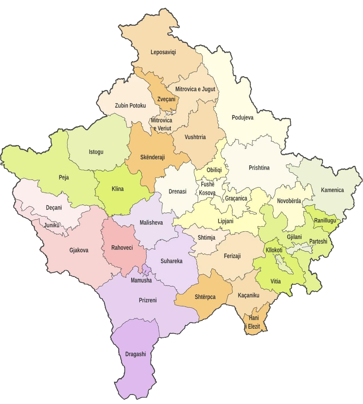 Harta e Kosovës me komunat kryesore